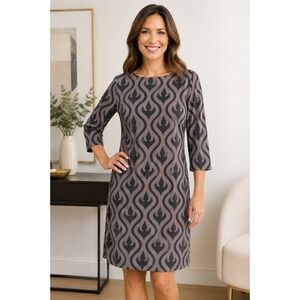 LBisse Shift Dress L NWT Gray Black Geometric‎ Print 3/4 Sleeve Made USA
